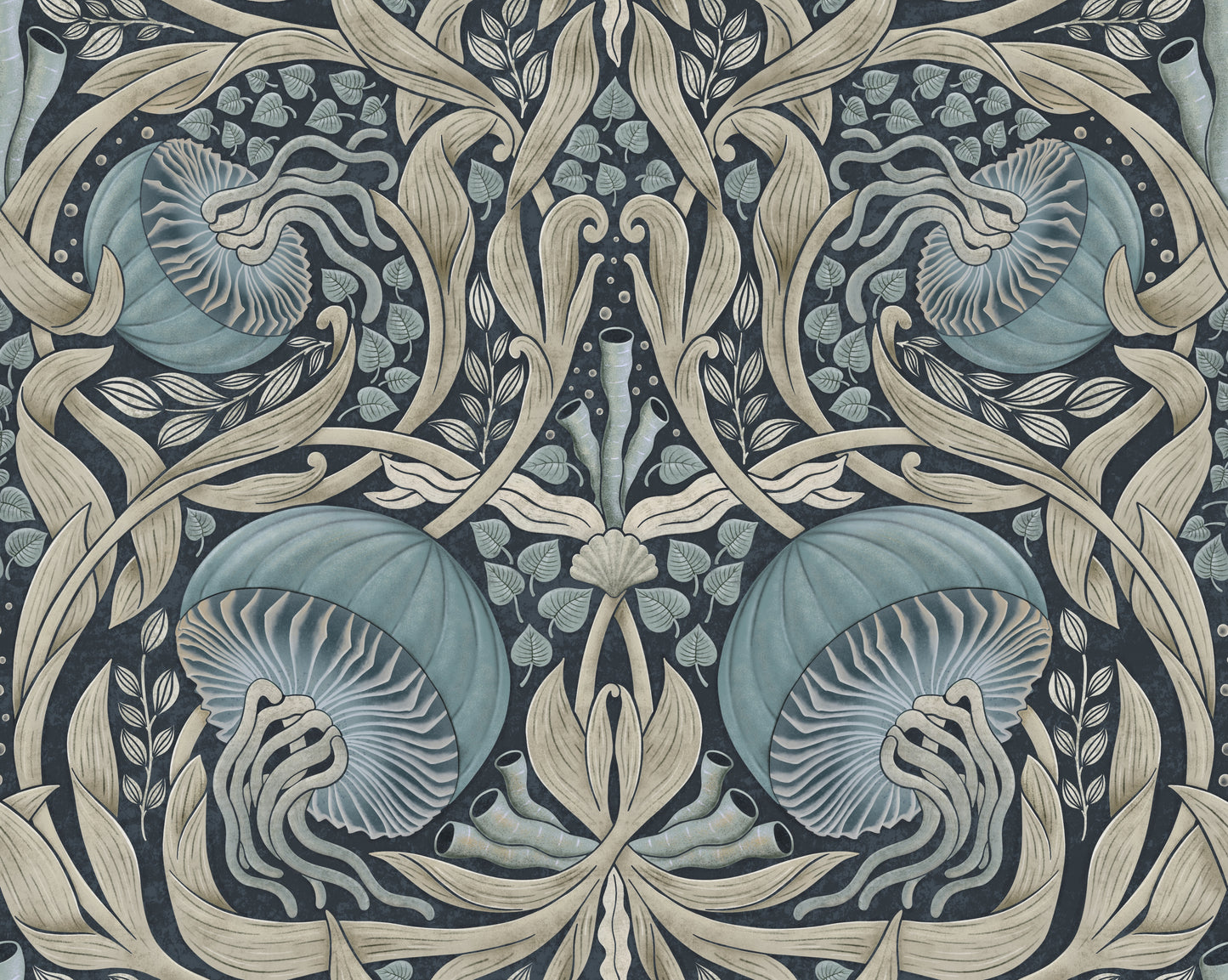 Decorative pattern with blue and beige elements on a dark background