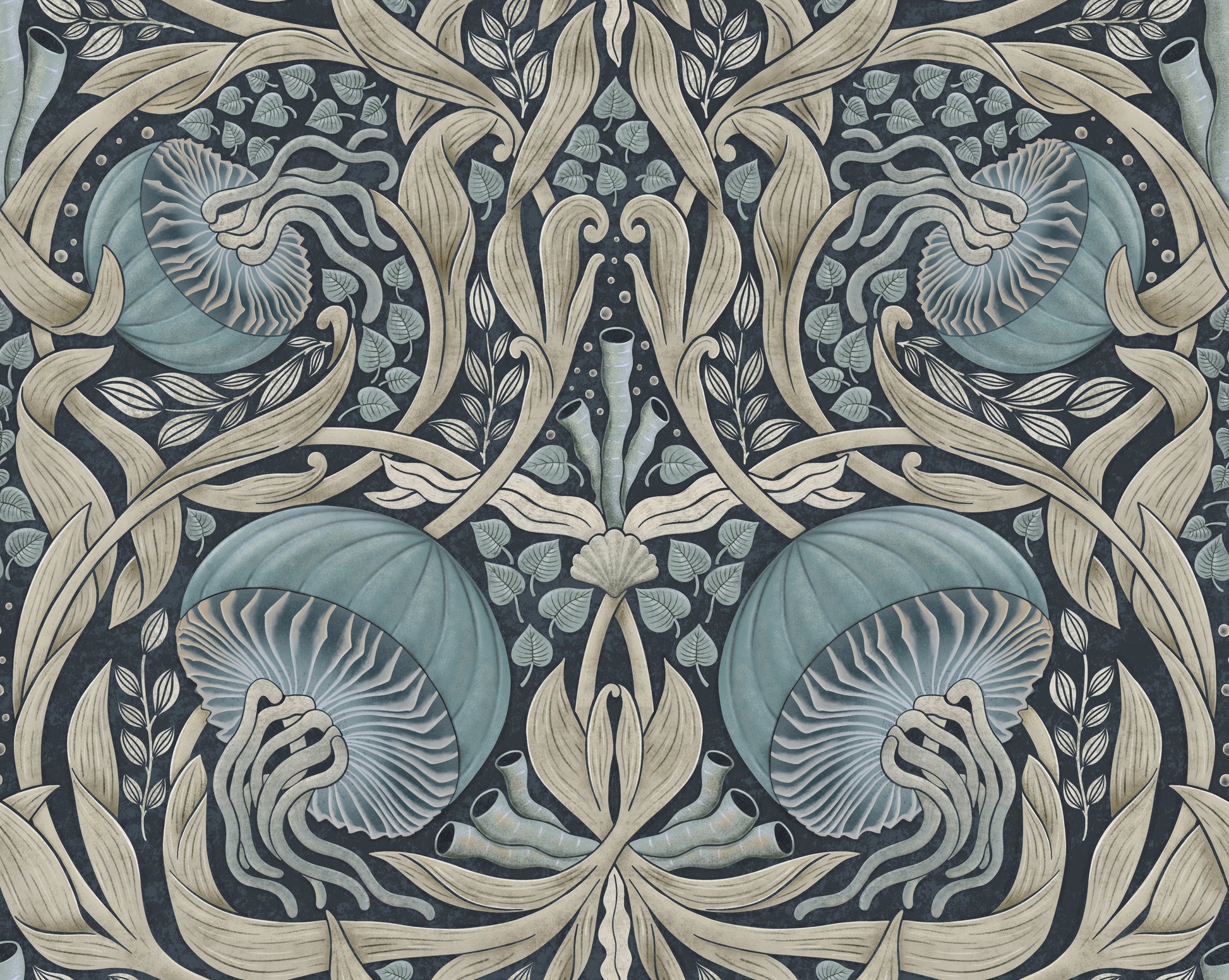 Decorative pattern with blue and beige elements on a dark background