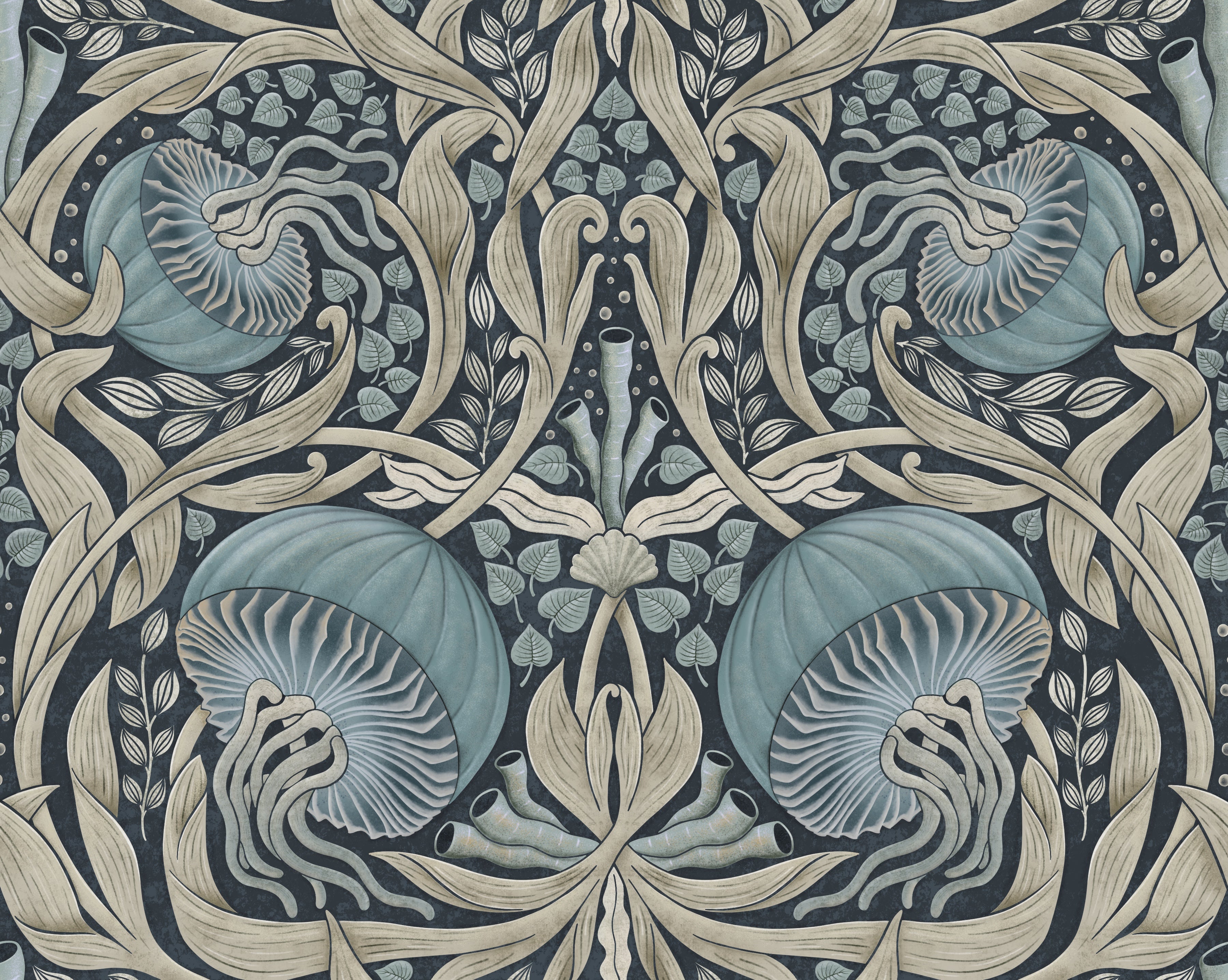 Decorative pattern with blue and beige elements on a dark background