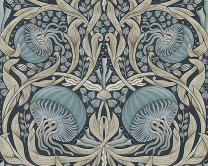 Decorative pattern with blue and beige elements on a dark background