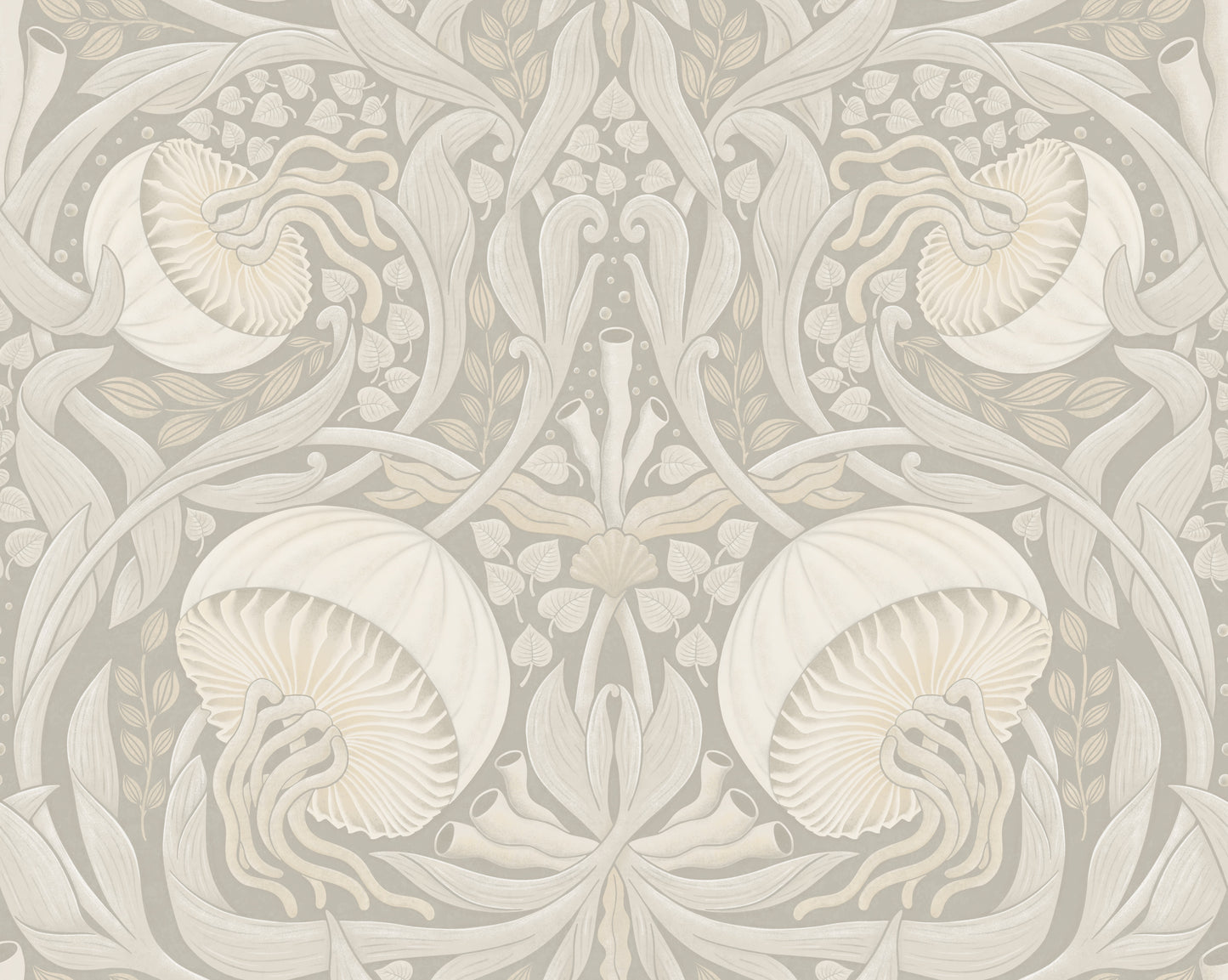 Decorative wallpaper with intricate nautilus shell pattern on a light gray background