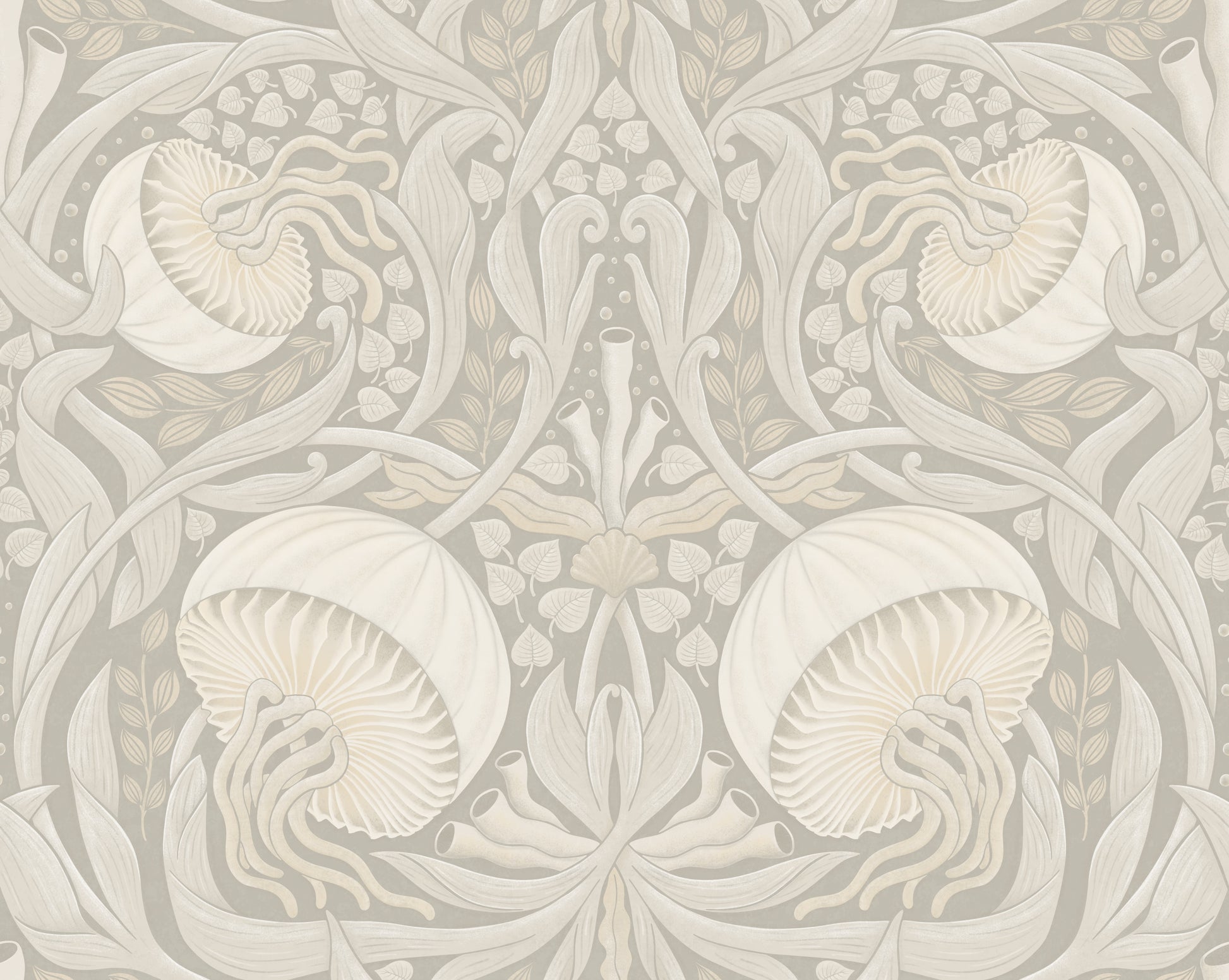 Decorative wallpaper with intricate nautilus shell pattern on a light gray background