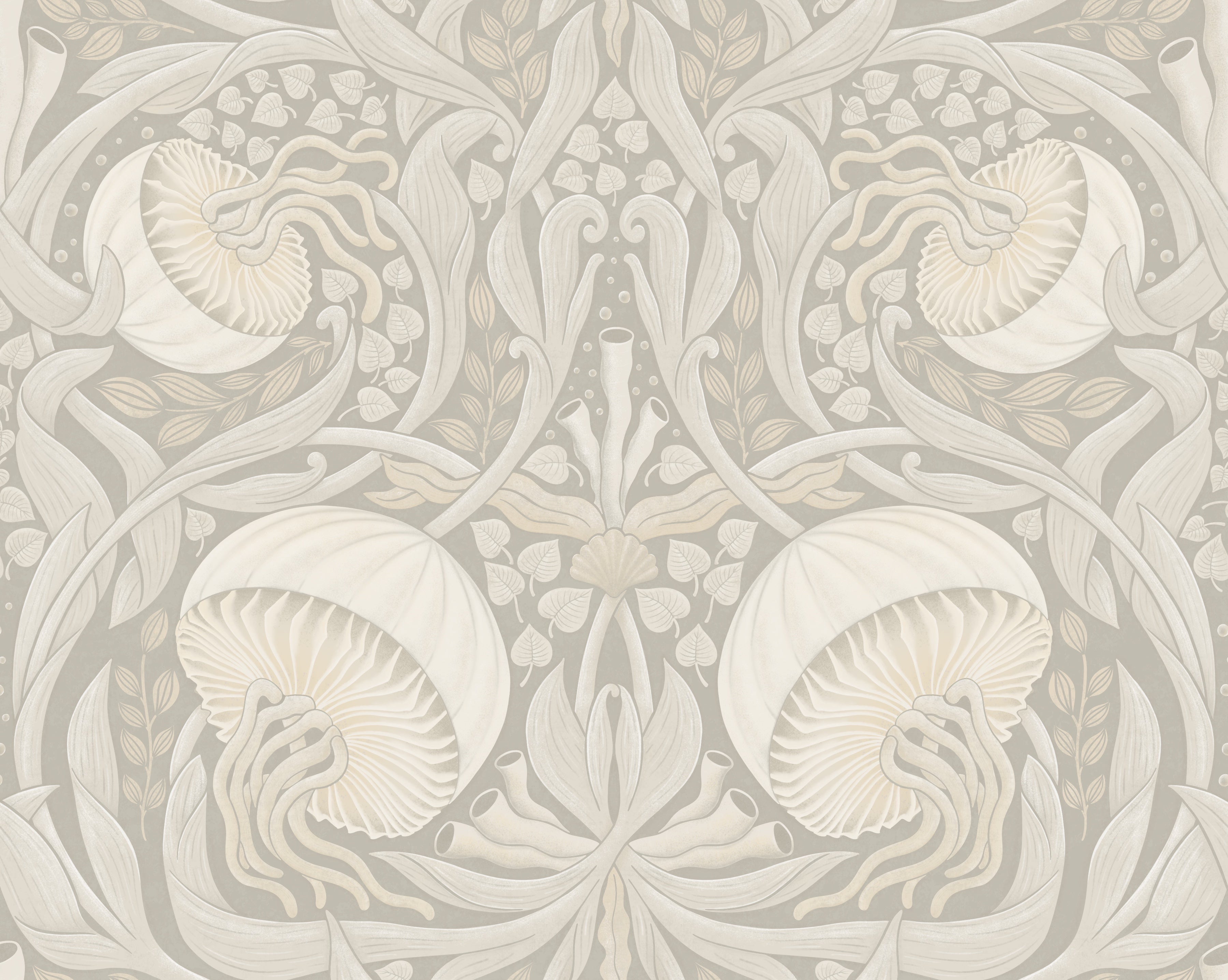 Decorative wallpaper with intricate nautilus shell pattern on a light gray background