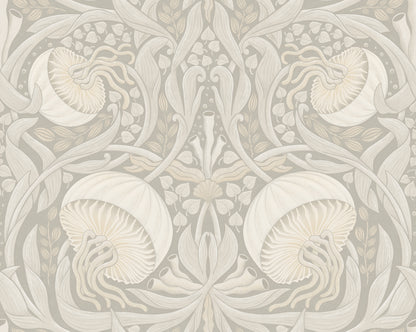 Decorative wallpaper with intricate nautilus shell pattern on a light gray background