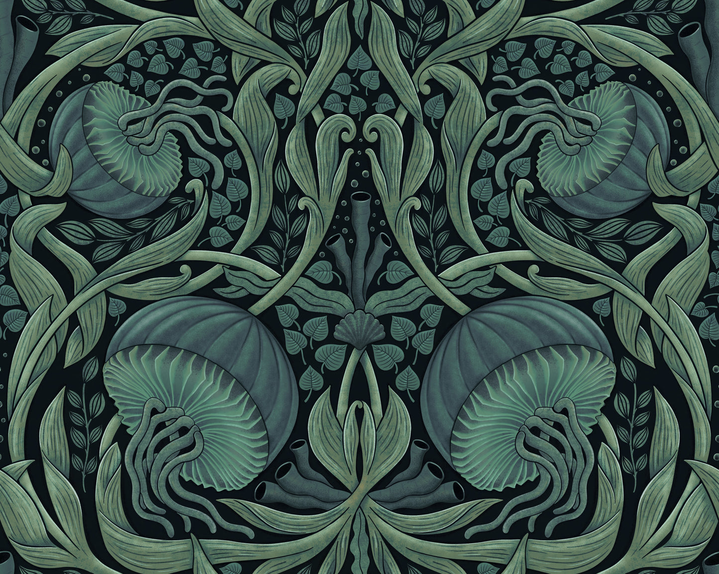 Decorative pattern with jellyfish and leaves in green on a dark background