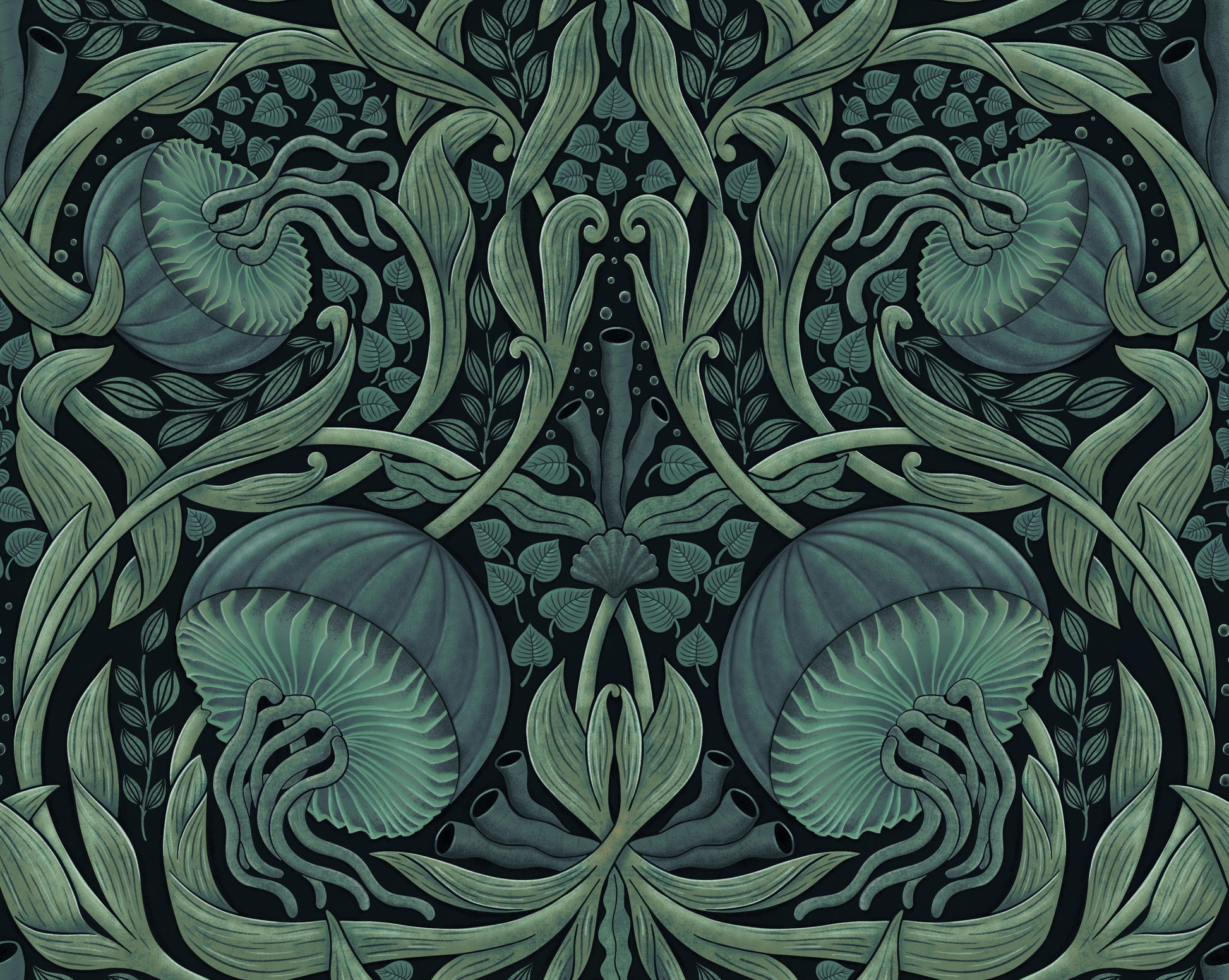 Decorative pattern with jellyfish and leaves in green on a dark background