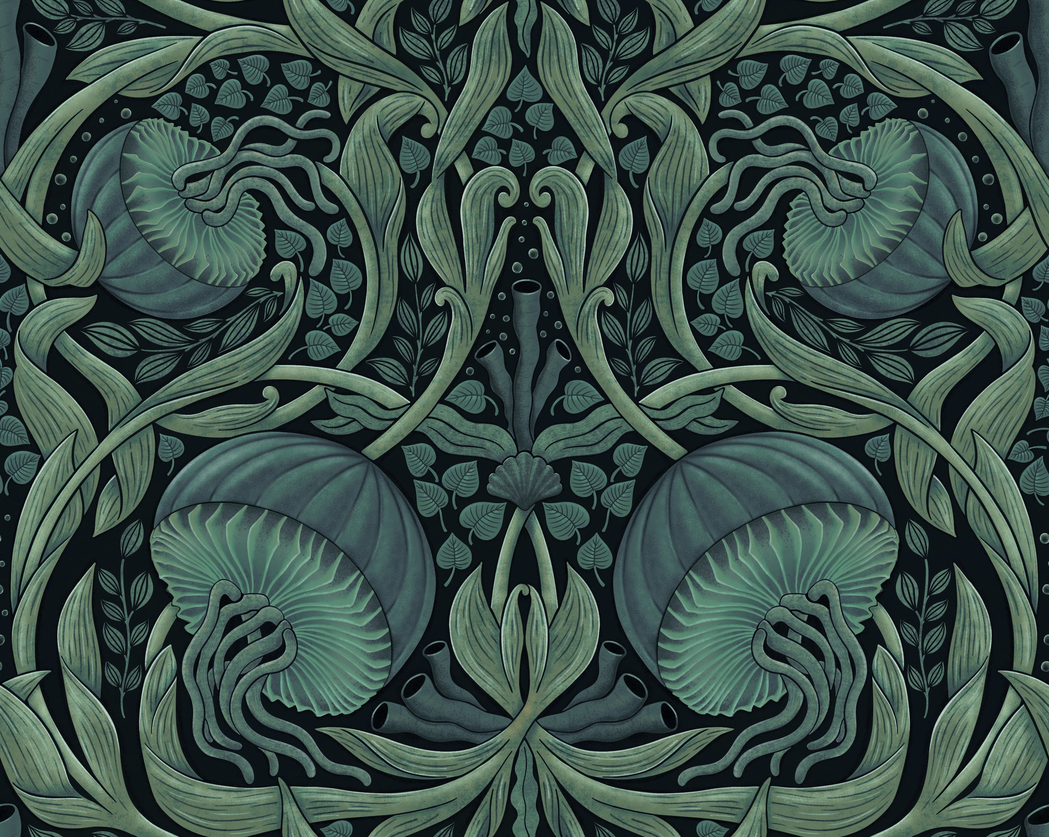 Decorative pattern with jellyfish and leaves in green on a dark background