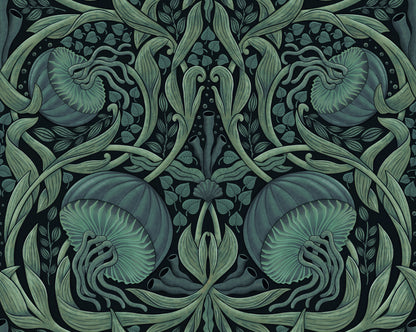 Decorative pattern with jellyfish and leaves in green on a dark background