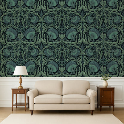 Living room with a beige sofa, wooden side tables, and a decorative green wallpaper.