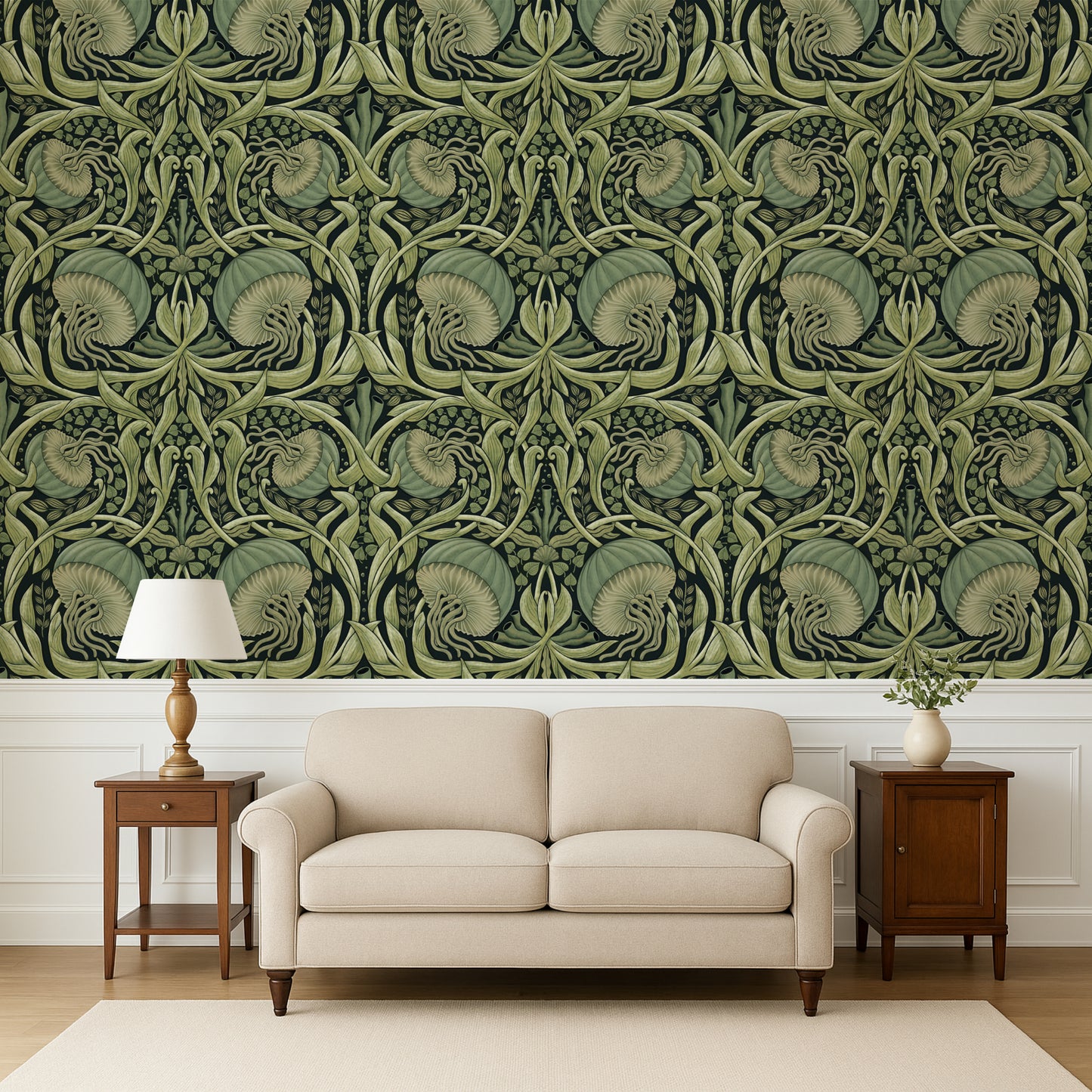 Living room with a beige sofa, wooden side tables, and a decorative green wall pattern.