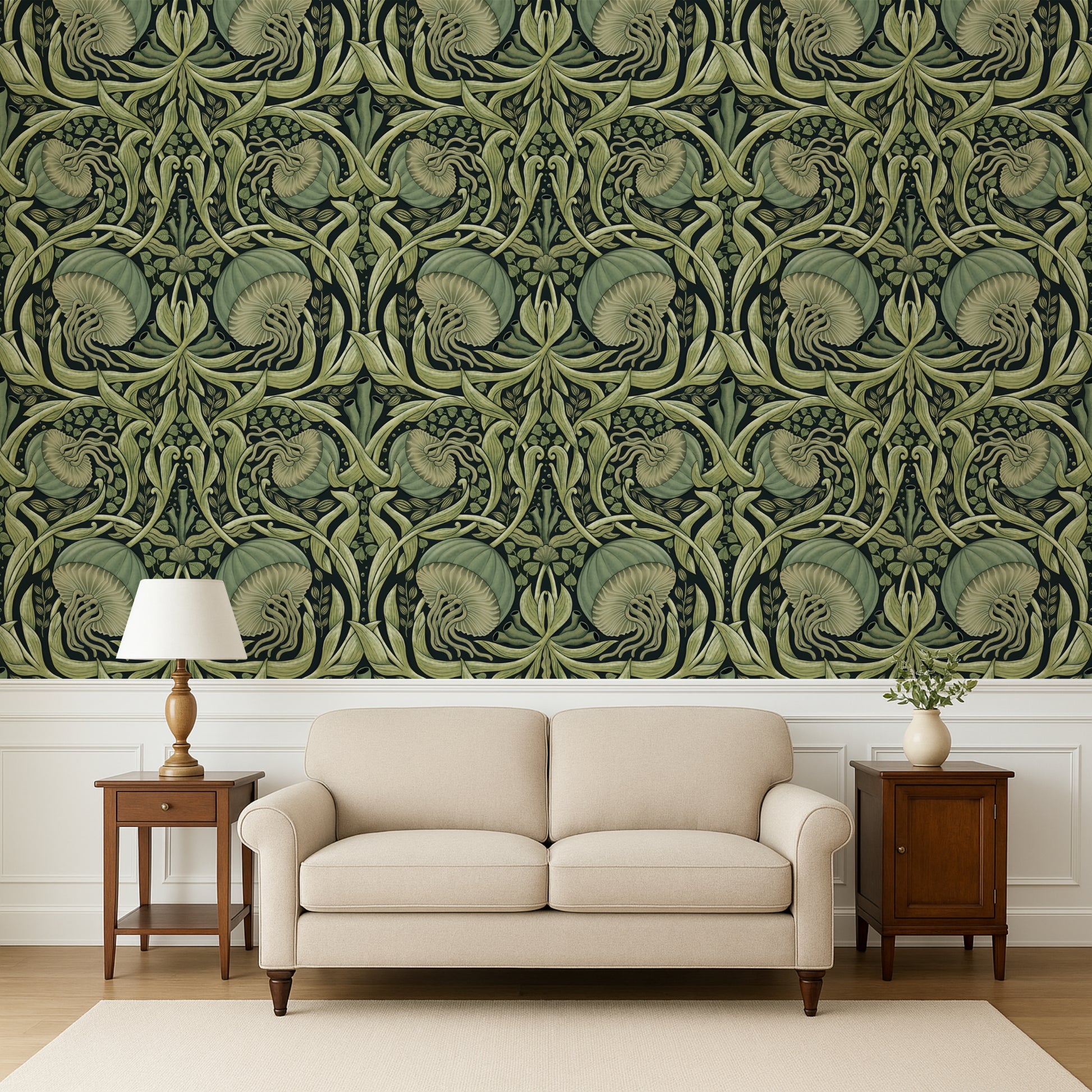 Living room with a beige sofa, wooden side tables, and a decorative green wall pattern.