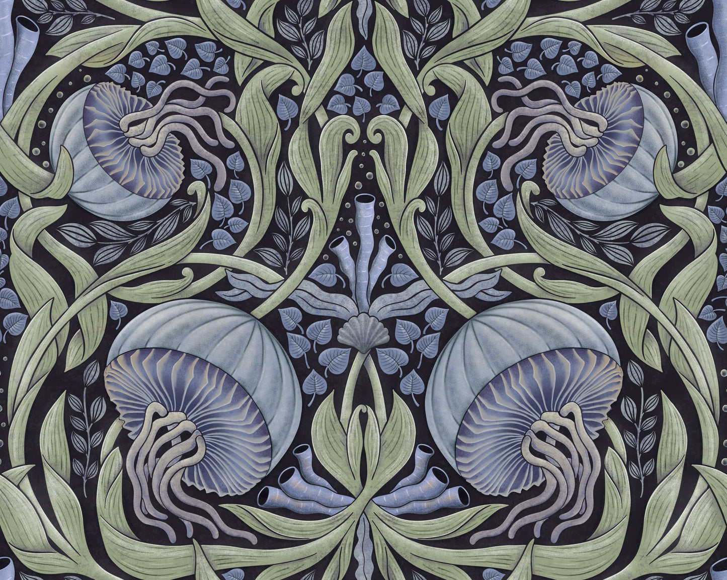 Decorative fabric pattern with blue and green elements and leaves on a dark background