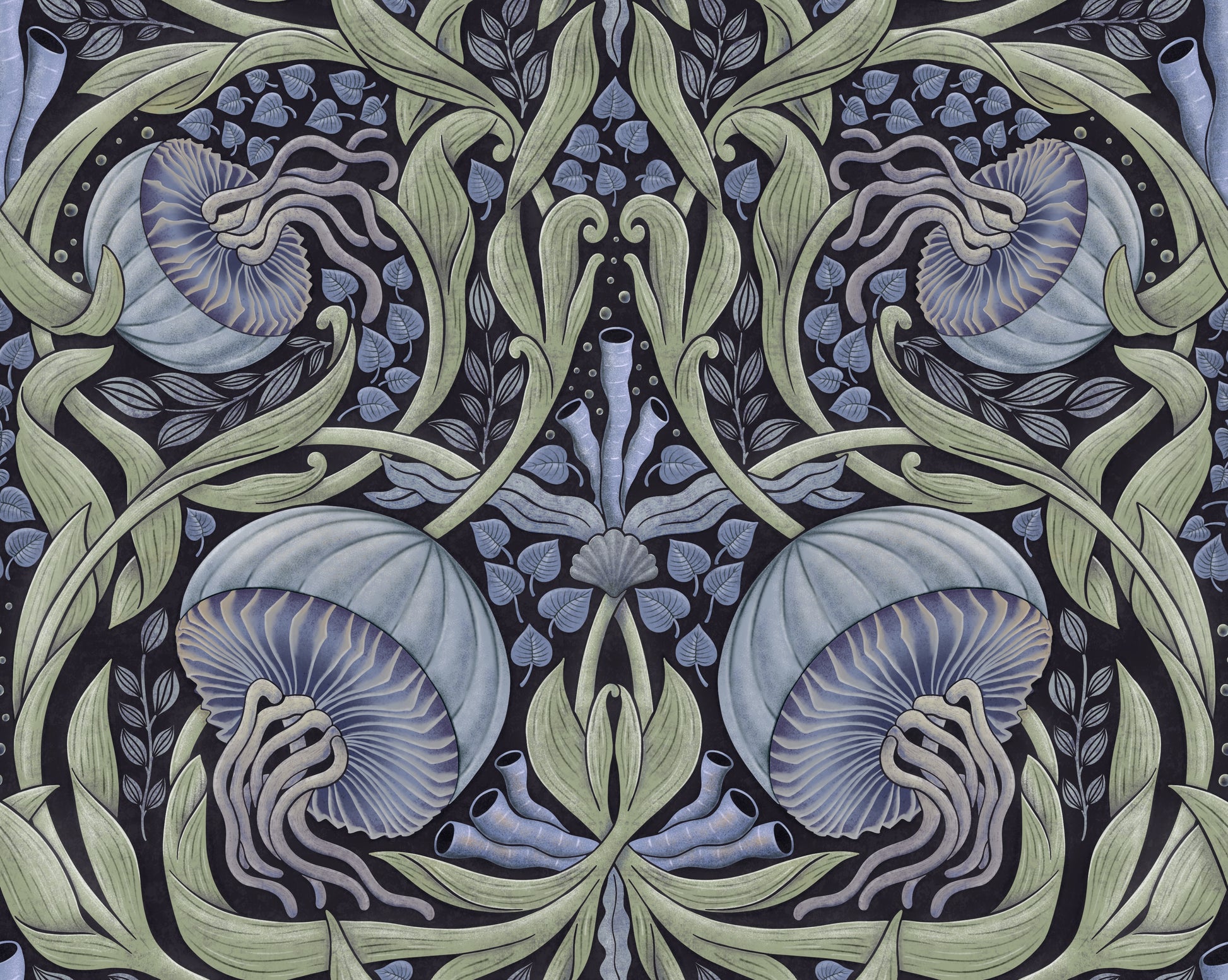 Decorative fabric pattern with blue and green elements and leaves on a dark background