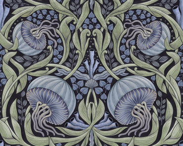 Decorative fabric pattern with blue and green elements and leaves on a dark background