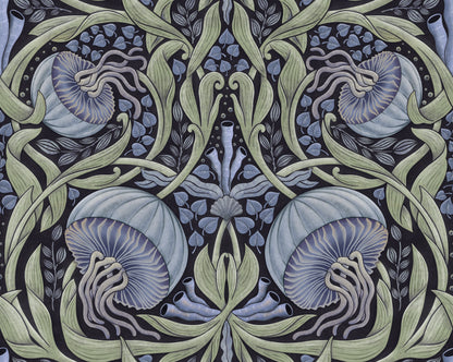 Decorative fabric pattern with blue and green elements and leaves on a dark background