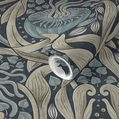 Decorative roll of wallpaper with intricate patterns.