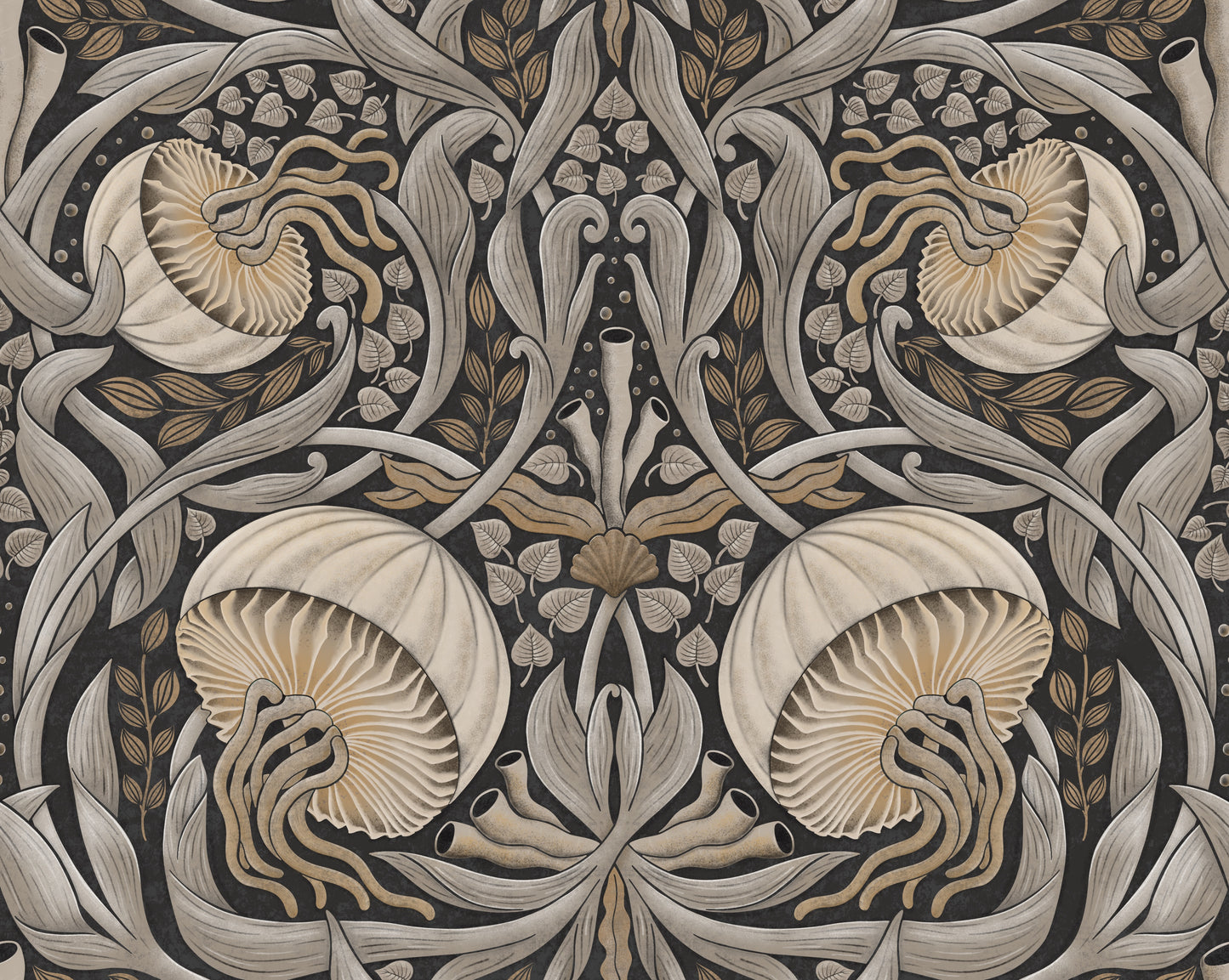 Decorative pattern with shell-like shapes and intricate lines on a dark background