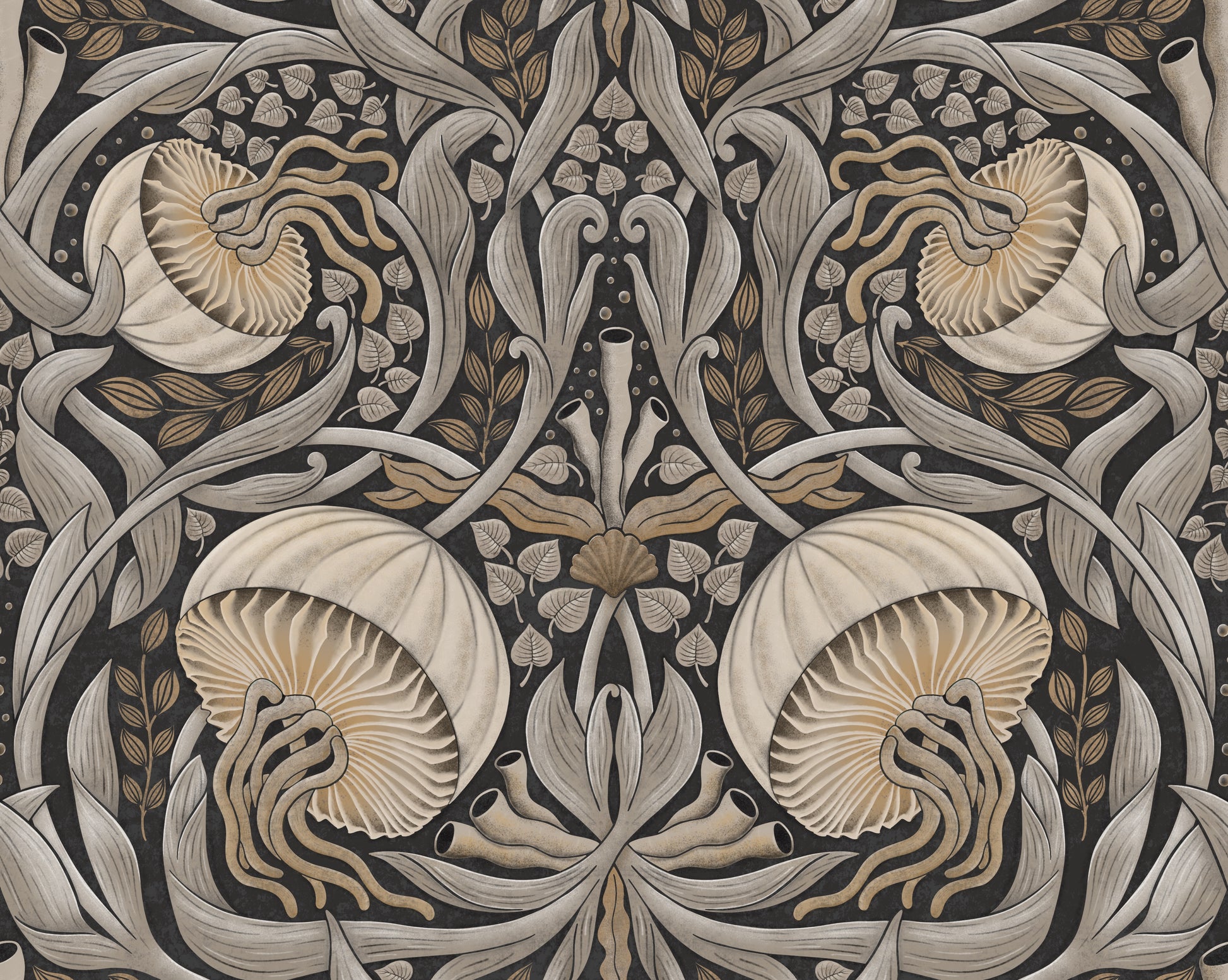 Decorative pattern with shell-like shapes and intricate lines on a dark background