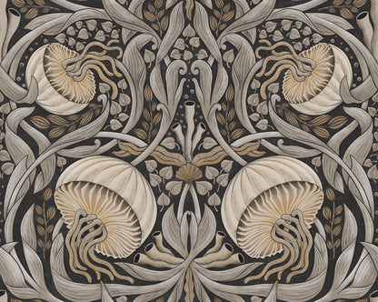 Decorative pattern with shell-like shapes and intricate lines on a dark background