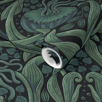 Roll of decorative wallpaper with a green pattern.