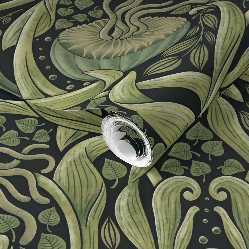 Decorative roll of green wallpaper.