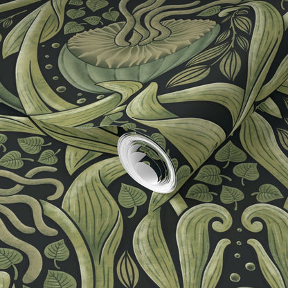 Decorative roll of green wallpaper.