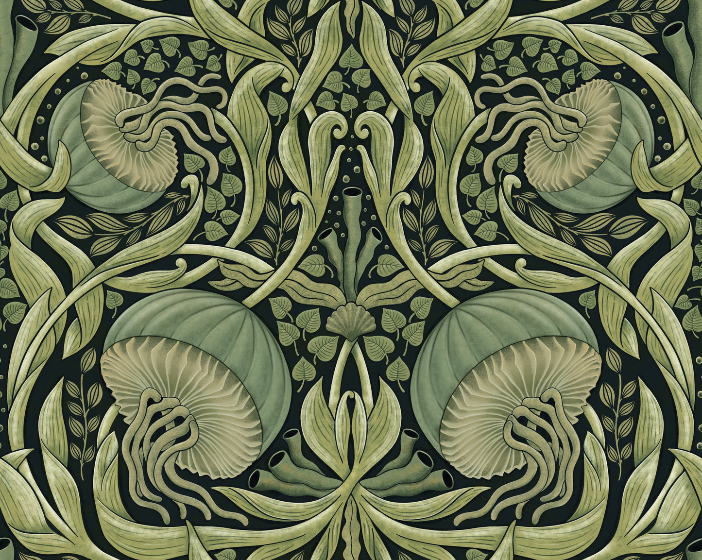 Decorative pattern with green and beige elements on a dark background