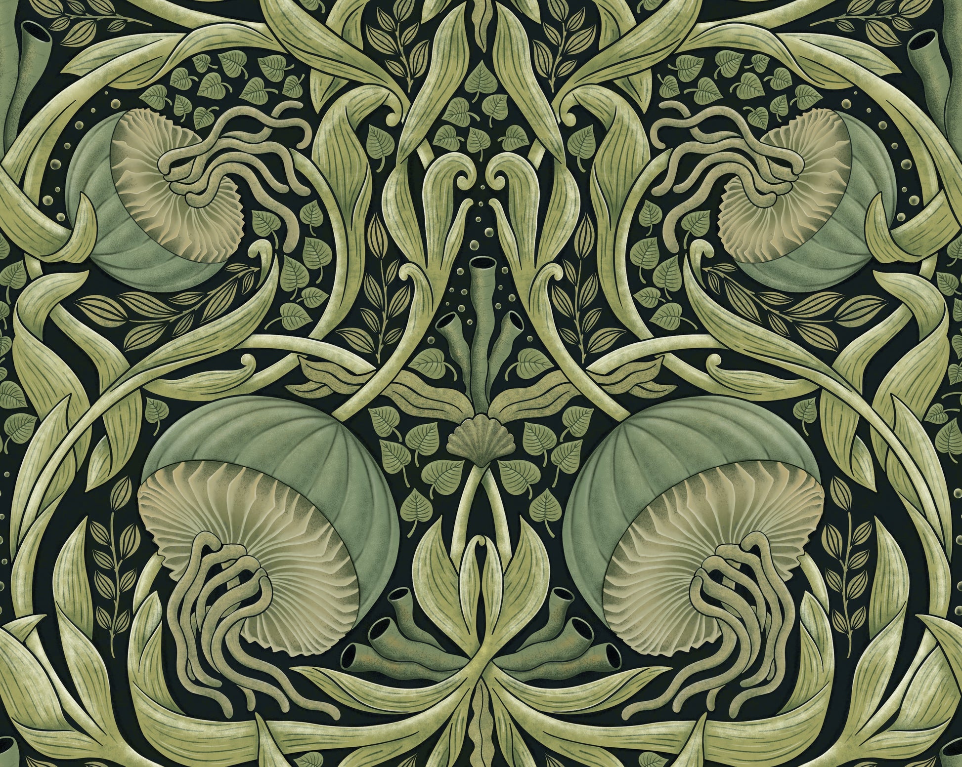 Decorative pattern with green and beige elements on a dark background