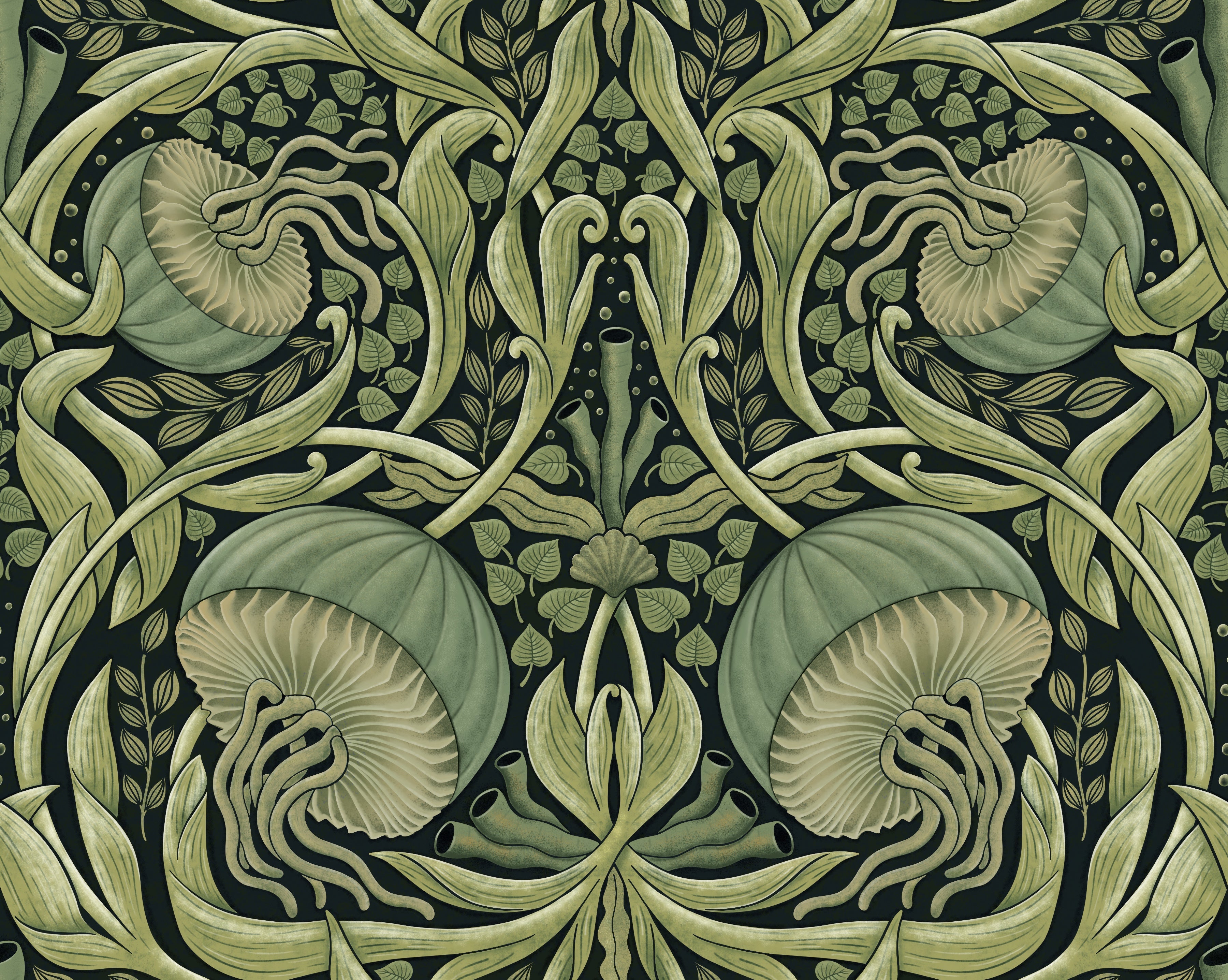 Decorative pattern with green and beige elements on a dark background