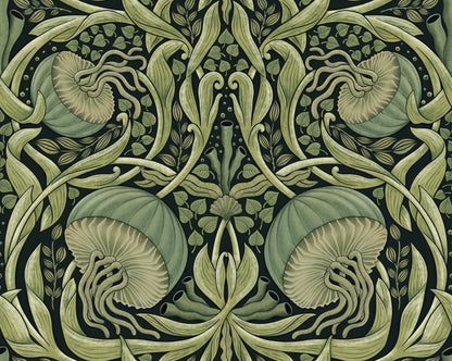 Decorative pattern with green and beige elements on a dark background