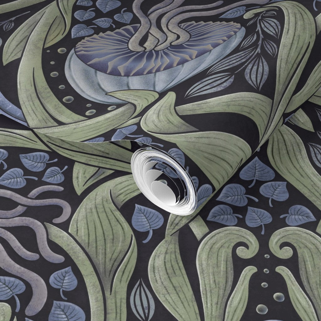 Close-up of a roll of wallpaper with a design featuring leaves and abstract shapes.