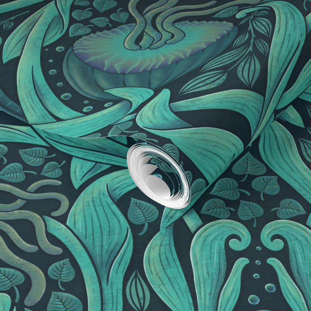 Teal patterned wallpaper roll mockup