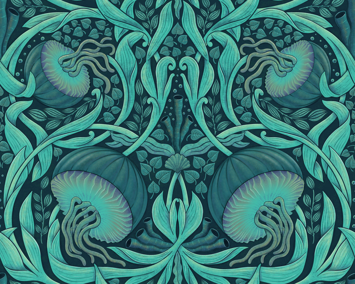 Decorative pattern with jellyfish and leaf-like shapes in teal and purple on a dark background