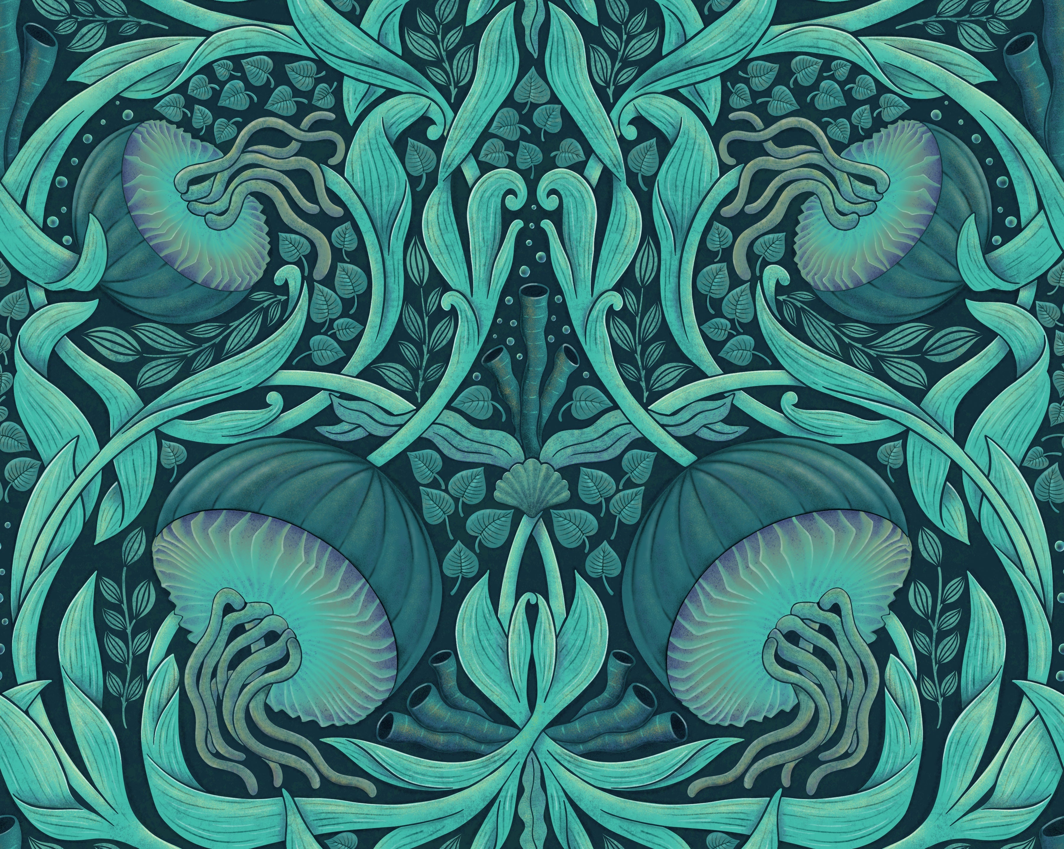 Decorative pattern with jellyfish and leaf-like shapes in teal and purple on a dark background