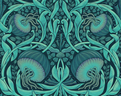 Decorative pattern with jellyfish and leaf-like shapes in teal and purple on a dark background