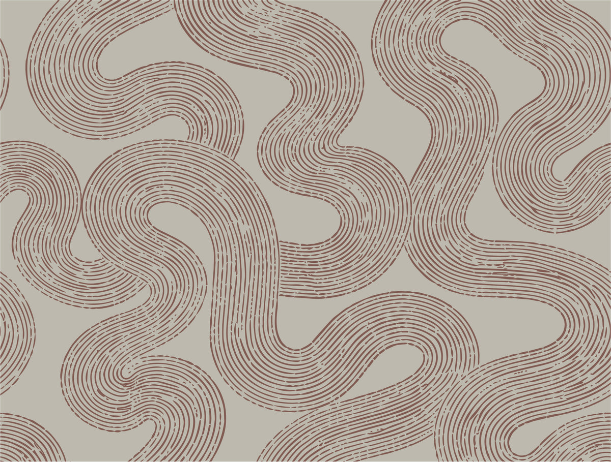 Winding Lines abstract wallpaper mural with flowing terracotta line art
