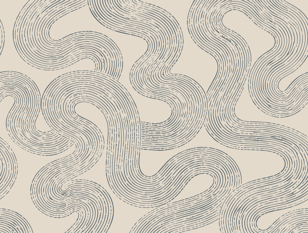 A repeating abstract pattern of wavy, ribbon-like lines in a muted blue-gray on a warm cream background.