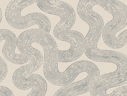 A repeating abstract pattern of wavy, ribbon-like lines in a muted blue-gray on a warm cream background.