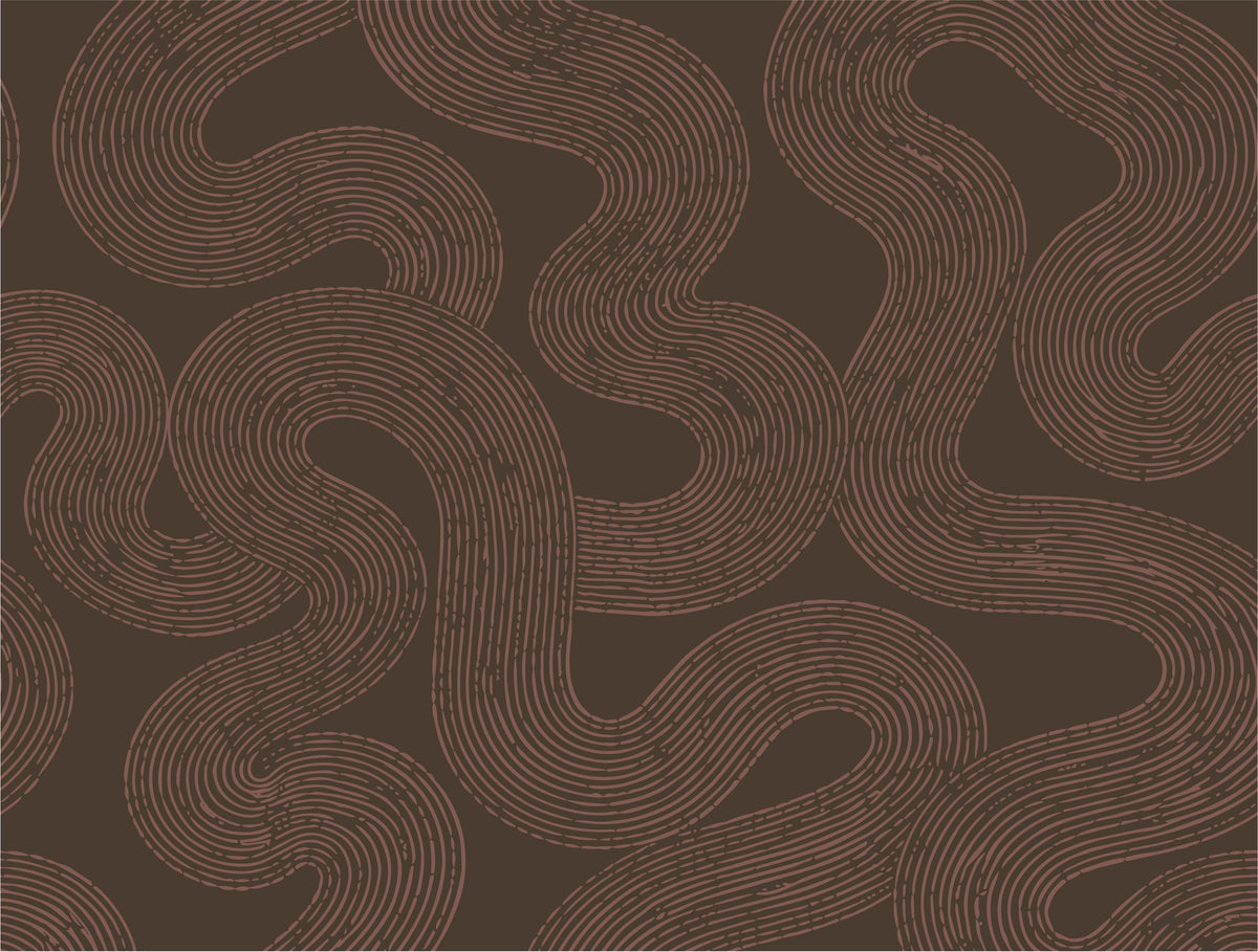 A repeating abstract pattern of wavy, snake-like lines in a warm brown and dark brown colorway.
