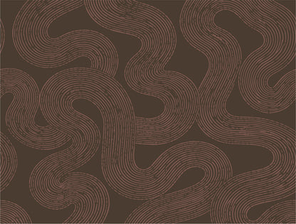 A repeating abstract pattern of wavy, snake-like lines in a warm brown and dark brown colorway.