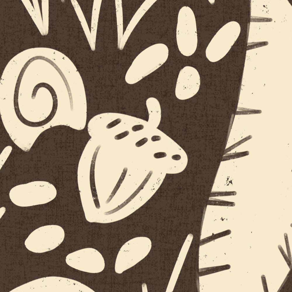 A close-up of a repeating illustrated pattern featuring a tan acorn with a dark brown cap, an orange-red snail shell, dark and gray stones, green grass-like strokes, and a warm beige textured background.