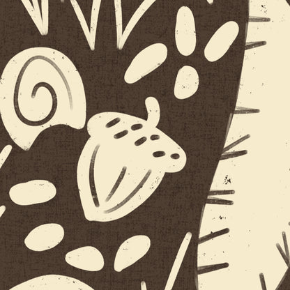 A close-up of a repeating illustrated pattern featuring a tan acorn with a dark brown cap, an orange-red snail shell, dark and gray stones, green grass-like strokes, and a warm beige textured background.