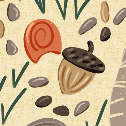 A close-up of a repeating illustrated pattern featuring a tan acorn with a dark brown cap, an orange-red snail shell, dark and gray stones, green grass-like strokes, and a warm beige textured background.