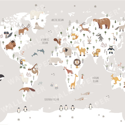World Map with Animals Peel and Stick Wall Mural - Animals, Nursery, Illustration