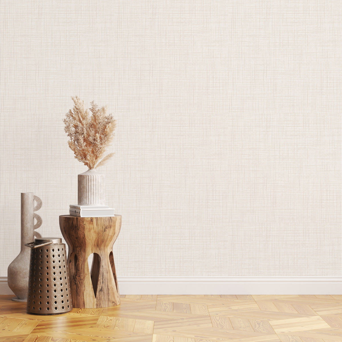 Woven Whisper neutral linen texture peel and stick wallpaper in a warm organic modern room
