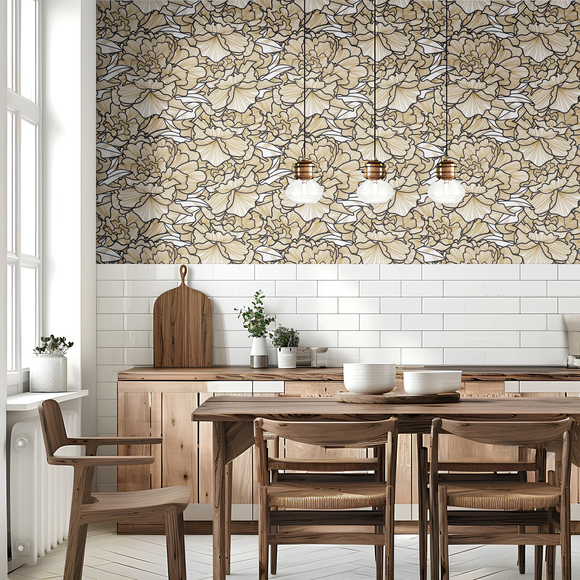 Art Deco Luxury Floral Line Pattern peel and stick wallpaper room mockup