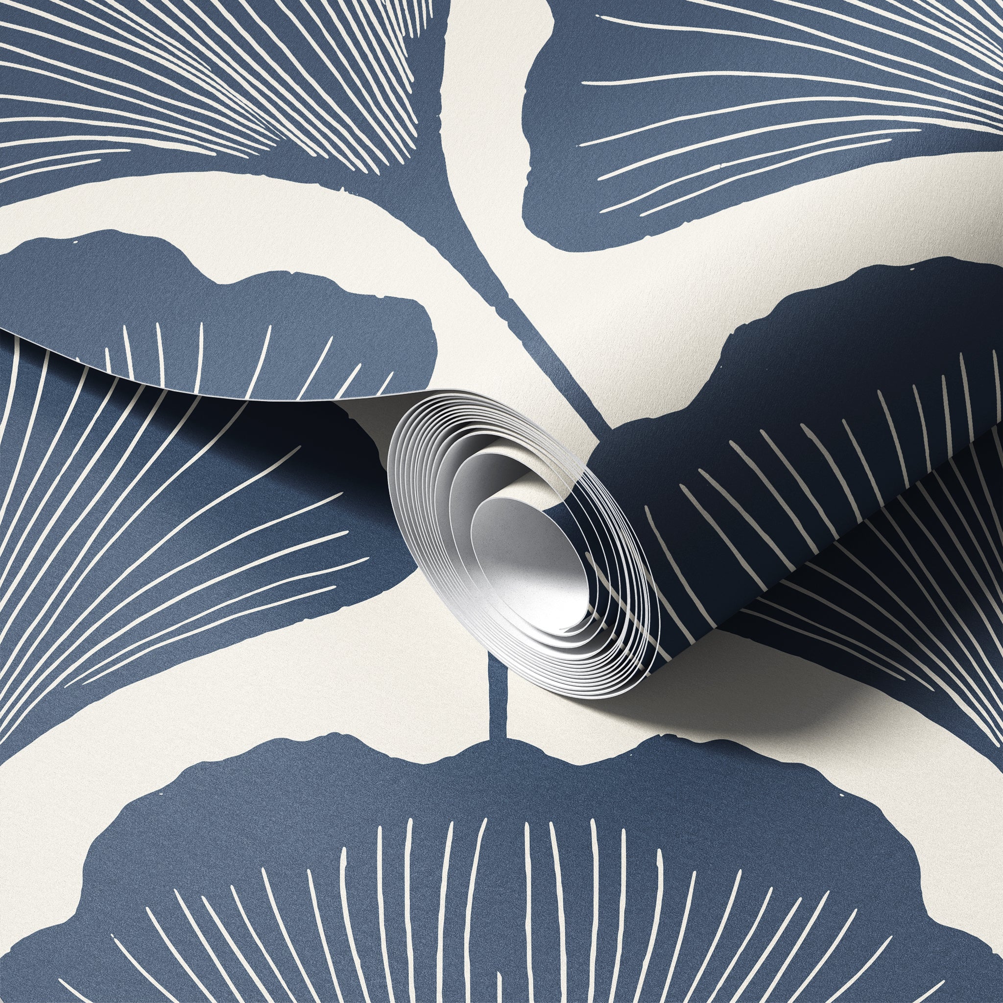 Ginkgo Scallop Blue peel and stick wallpaper room mockup