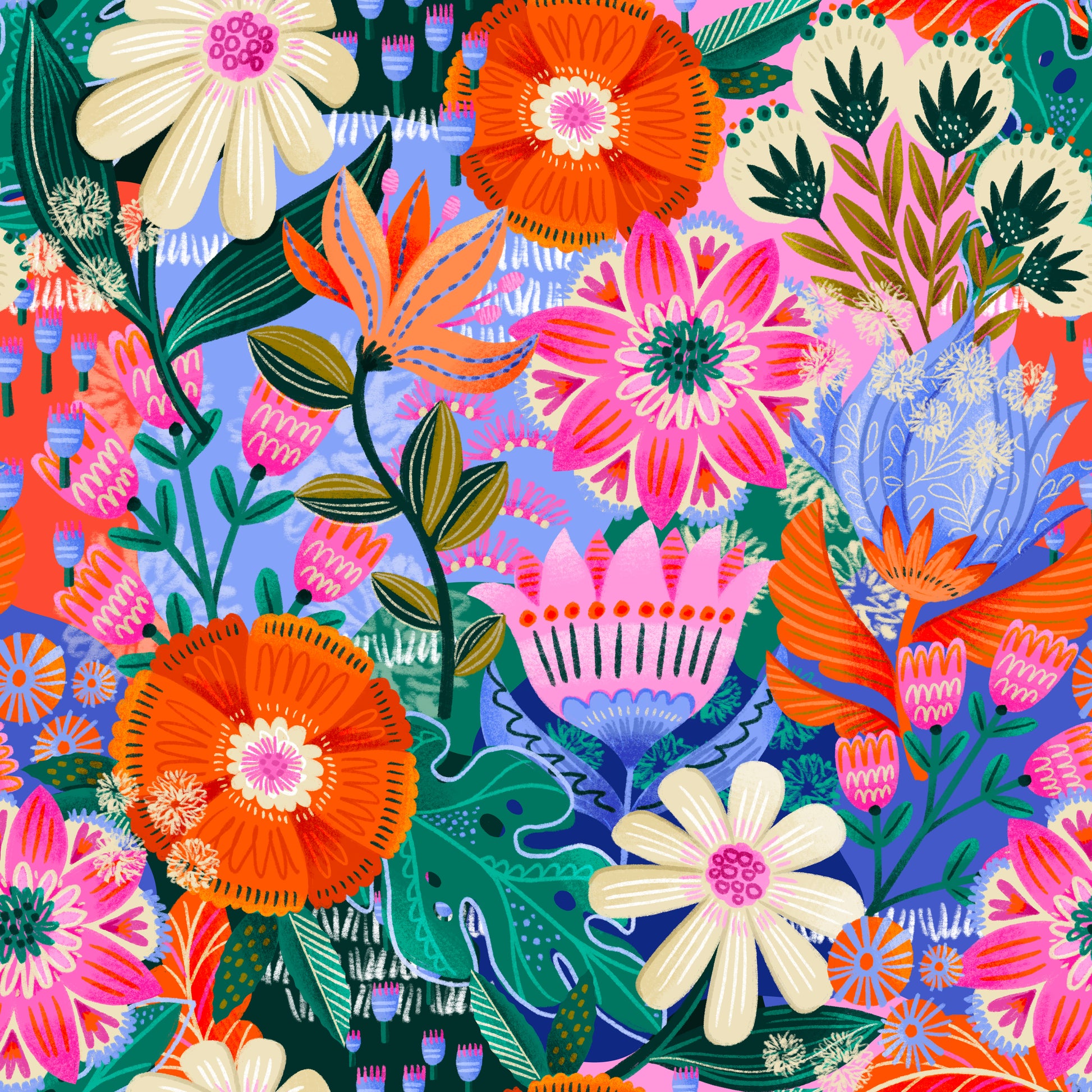 Colorful floral pattern with various flowers and leaves on a blue background