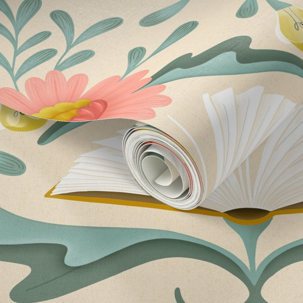 Roll of wallpaper with floral design on a matching background