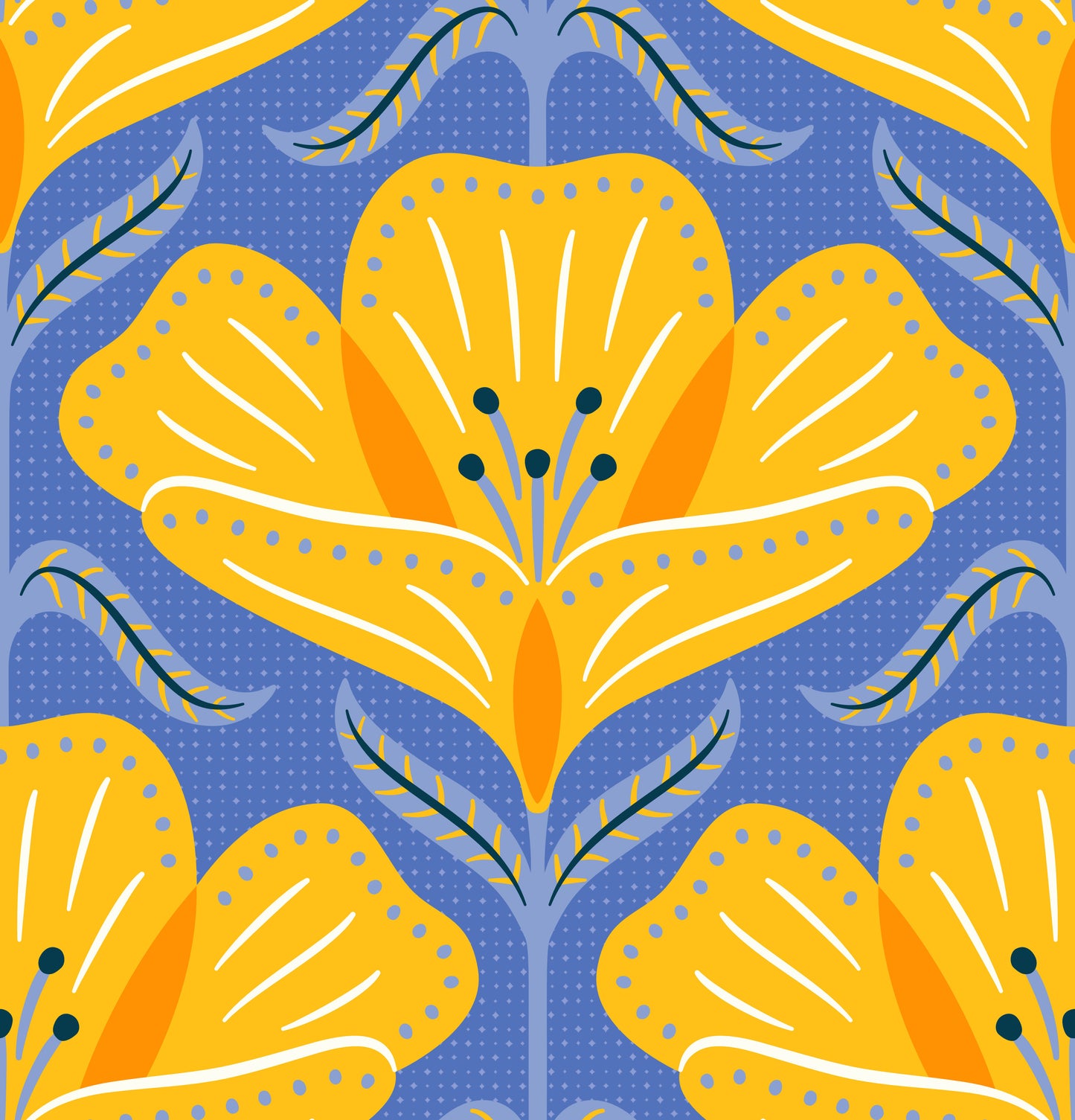 Pattern of yellow flowers on a blue background